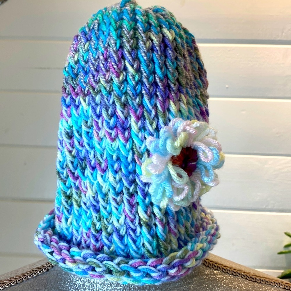 Hand Crafted Knit Hat with a Flower OS